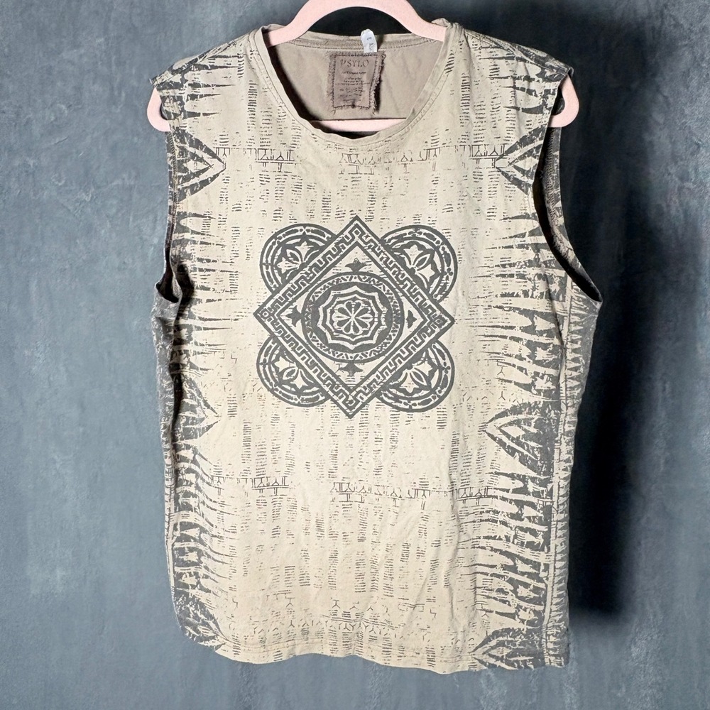 Psylo Mens Organic Cotton Graphic Muscle Tank Top Tan Tribal Mandala Faded L